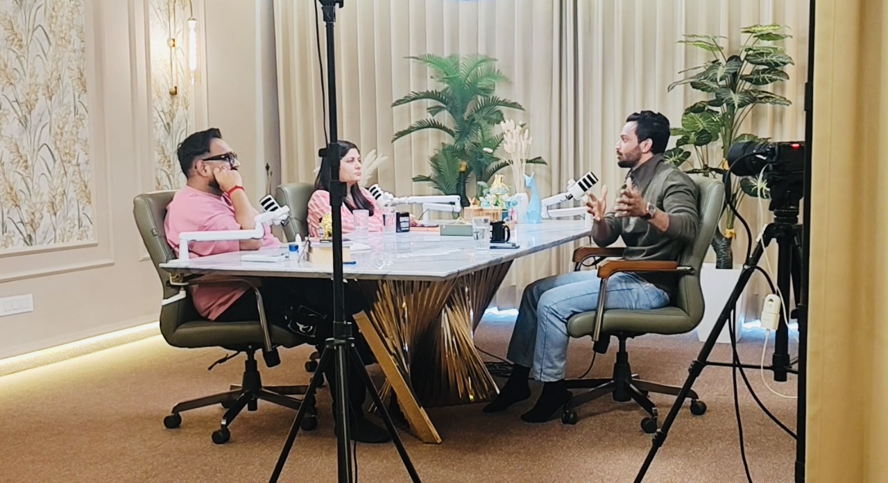 Aditya Raj Kashyap in a multi-guest podcast recording session