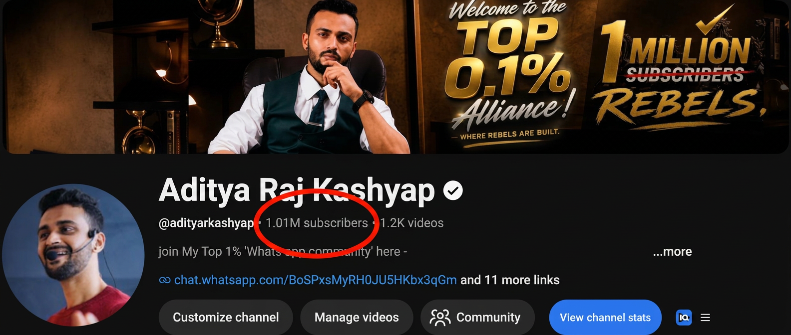 Aditya Raj Kashyap YouTube channel with over 1 million subscribers